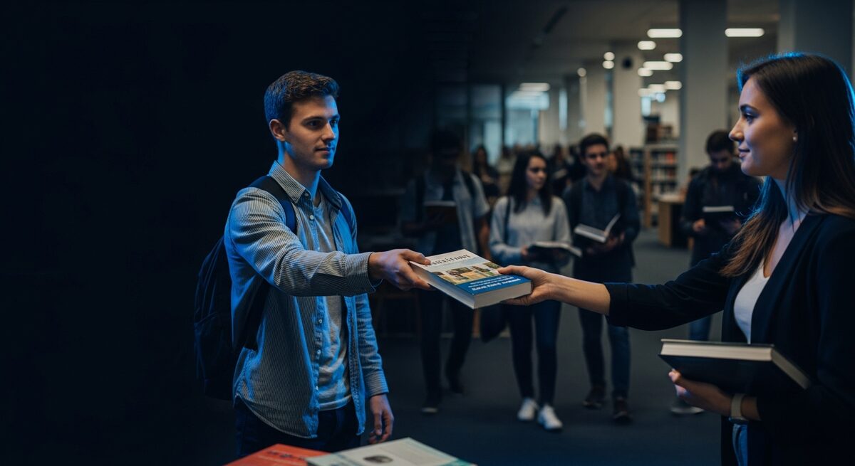 A student safely handing off a textbook to a buyer on campus