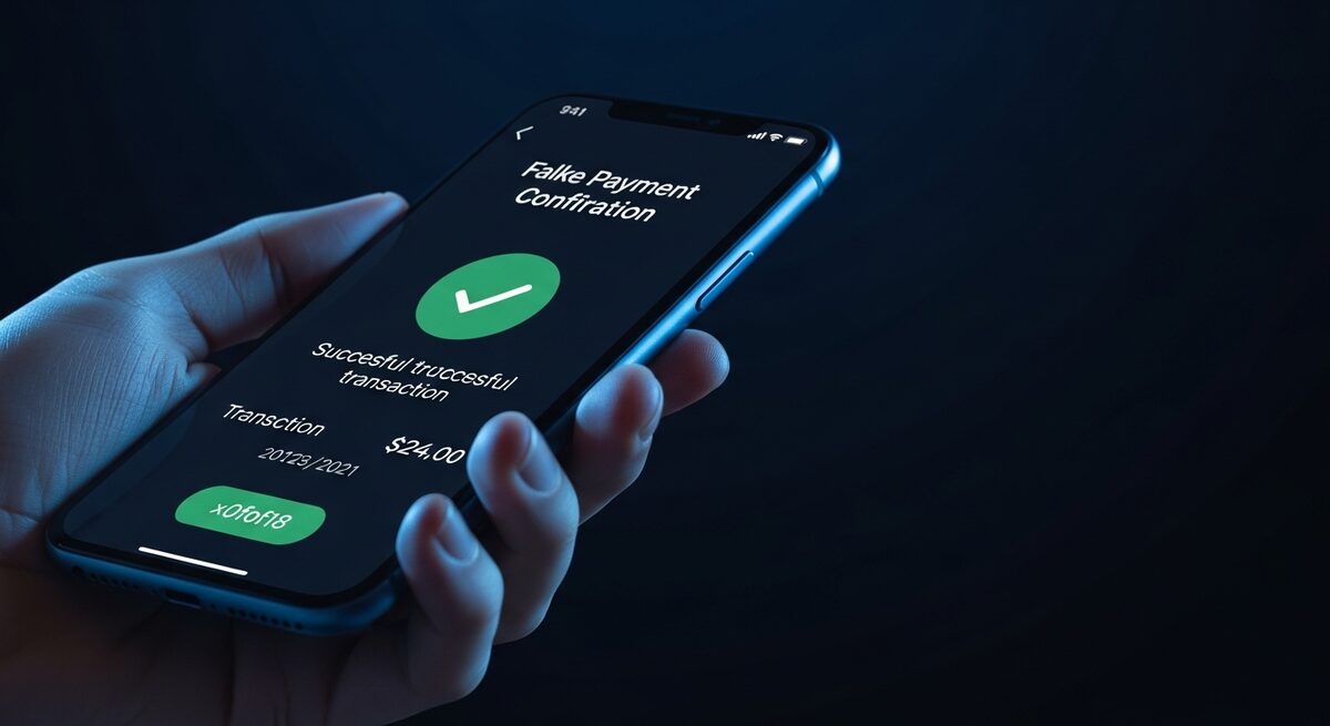 A smartphone displaying a fake payment confirmation screenshot used in a Facebook Marketplace scam