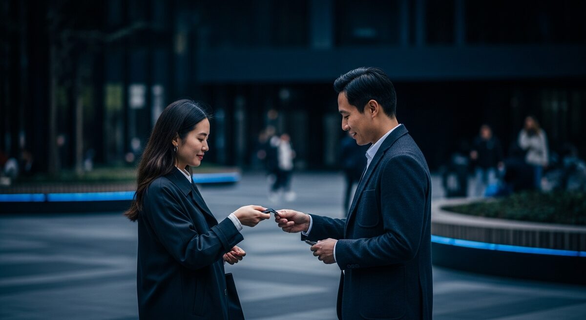 Two people meeting in a public, well-lit place during the day for a safe exchange