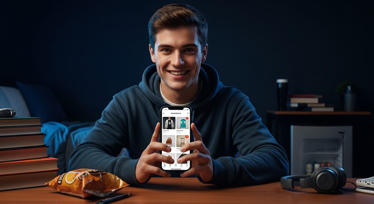 A college student using a verified student-only marketplace app on campus