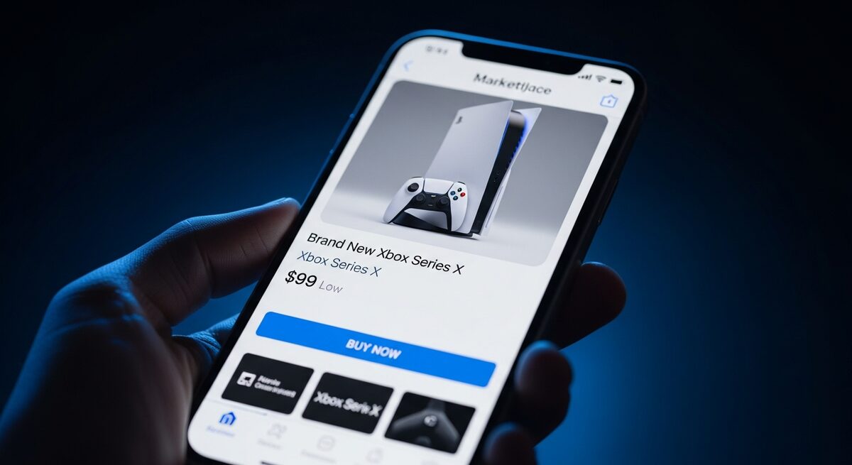 A phone showing a high-value item listed far below market value, a common buyer scam